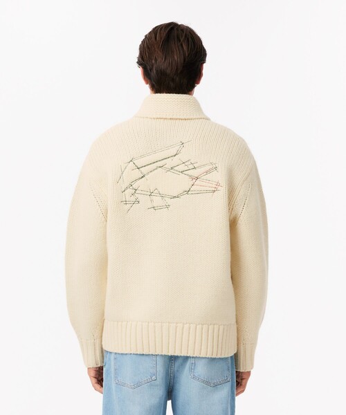 LACOSTE(ラコステ)の「バックステッチ ジップアップニットジャケット / ドライバーズニット(ニット/セーター・メンズ・アイボリー・3/4/5)」の1枚目の写真
