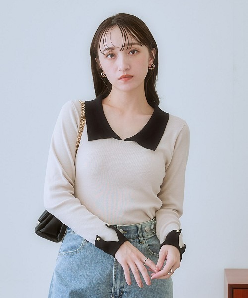 nissen(ニッセン)の「配色衿付ニット(ニット/セーター・レディース・ブラック/ライトベージュ・L/M/S/LL)」の1枚目の写真