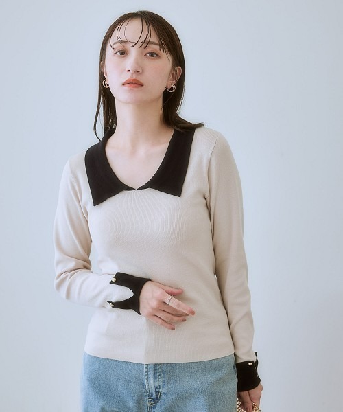 nissen(ニッセン)の「配色衿付ニット(ニット/セーター・レディース・ブラック/ライトベージュ・L/M/S/LL)」の3枚目の写真