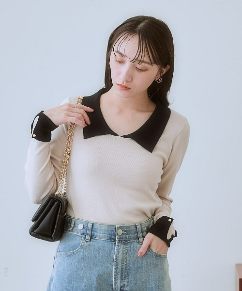nissen(ニッセン)の「配色衿付ニット(ニット/セーター・レディース・ブラック/ライトベージュ・L/M/S/LL)」の4枚目の写真