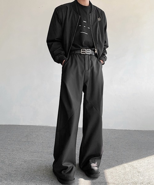 スラックス フレアパンツ ボトム ワイド ルーズ ハイウエスト 黒 cussil スラックス 「cussil/クシル」TRストレッチルーズ