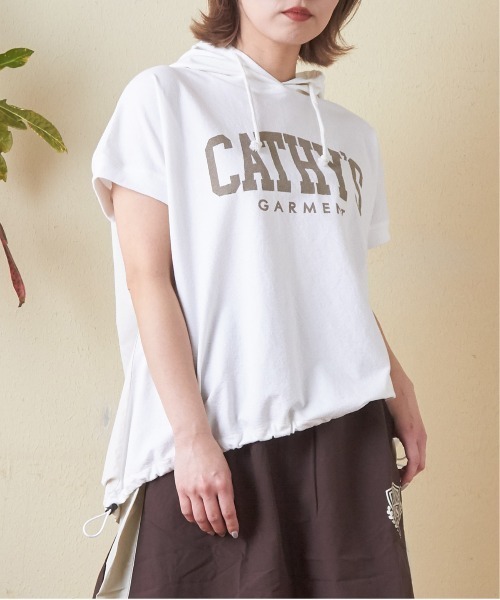 CUBE SUGAR（キューブシュガー）の「異素材切替フレンチスリーブプルオーバーパーカー（Tシャツ/カットソー・レディース・ホワイト/マルチ/トップグレー/オレンジ/スミクロ・M）」の2枚目の写真