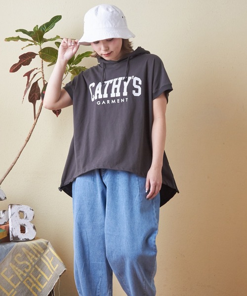 CUBE SUGAR（キューブシュガー）の「異素材切替フレンチスリーブプルオーバーパーカー（Tシャツ/カットソー・レディース・ホワイト/マルチ/トップグレー/オレンジ/スミクロ・M）」の6枚目の写真