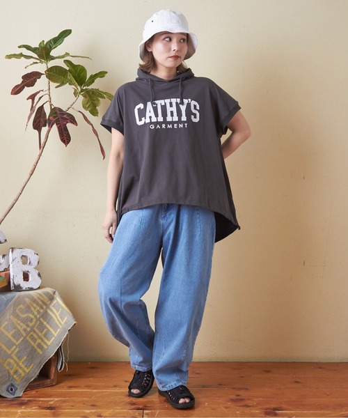 CUBE SUGAR（キューブシュガー）の「異素材切替フレンチスリーブプルオーバーパーカー（Tシャツ/カットソー・レディース・ホワイト/マルチ/トップグレー/オレンジ/スミクロ・M）」の7枚目の写真