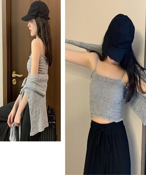LETee(レティー)の「フィット感抜群のシャーリングデザイン♪ヘルシーな肌見せが叶う万能キャミソール(キャミソール・レディース・ホワイト/グレー/ブラック・FREE)」の4枚目の写真