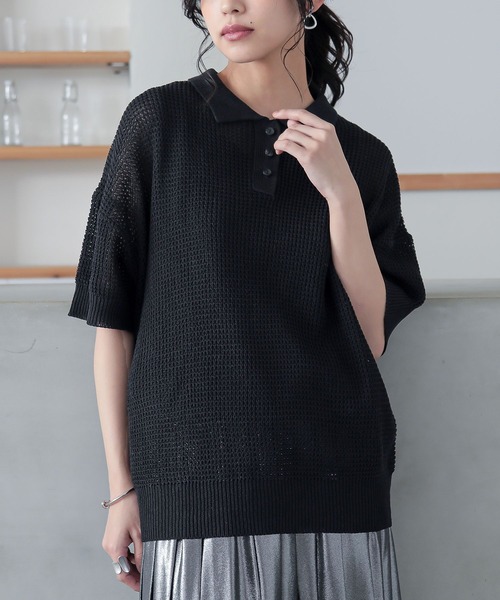 n'OrLABEL（ノアールレーベル）の「『透かしワッフル編みポロニット』（ポロシャツ・レディース・ブルー/アイボリー/ブラック・1/2）」の2枚目の写真