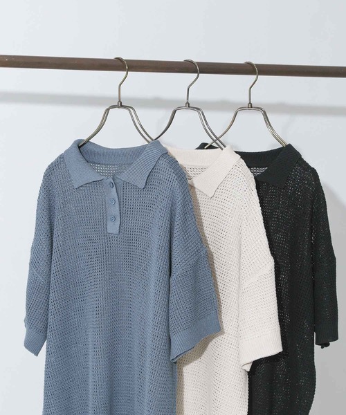 n'OrLABEL（ノアールレーベル）の「『透かしワッフル編みポロニット』（ポロシャツ・レディース・ブルー/アイボリー/ブラック・1/2）」の4枚目の写真