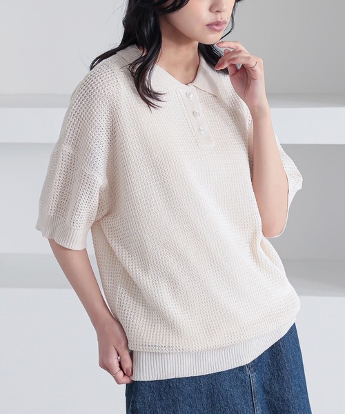 n'OrLABEL（ノアールレーベル）の「『透かしワッフル編みポロニット』（ポロシャツ・レディース・ブルー/アイボリー/ブラック・1/2）」の5枚目の写真