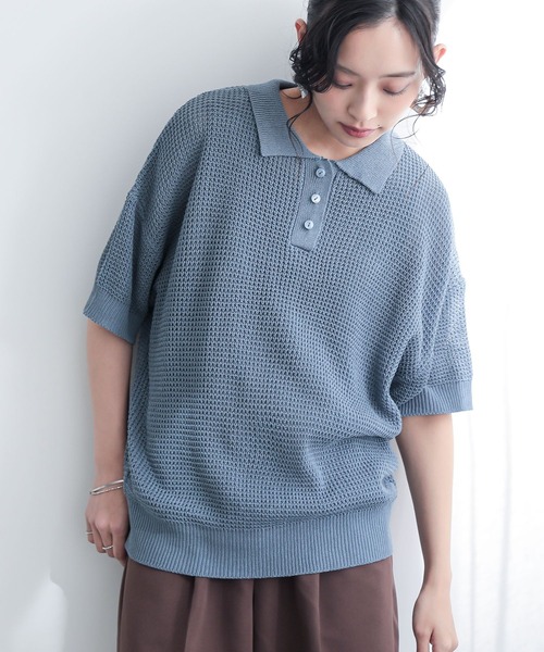 n'OrLABEL（ノアールレーベル）の「『透かしワッフル編みポロニット』（ポロシャツ・レディース・ブルー/アイボリー/ブラック・1/2）」の9枚目の写真