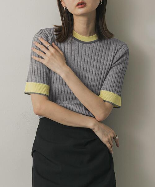 SENSE OF PLACE by URBAN RESEARCH（センスオブプレイスバイアーバンリサーチ）の「『WEB限定』バイカラーコンパクトセーター(5分袖)（ニット/セーター・レディース・アイボリー/ブラック/グレー/ライトピンク・ONE）」の4枚目の写真