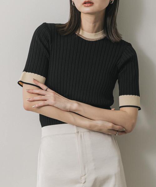 SENSE OF PLACE by URBAN RESEARCH（センスオブプレイスバイアーバンリサーチ）の「『WEB限定』バイカラーコンパクトセーター(5分袖)（ニット/セーター・レディース・アイボリー/ブラック/グレー/ライトピンク・ONE）」の3枚目の写真