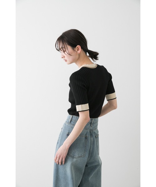 SENSE OF PLACE by URBAN RESEARCH（センスオブプレイスバイアーバンリサーチ）の「『WEB限定』バイカラーコンパクトセーター(5分袖)（ニット/セーター・レディース・アイボリー/ブラック/グレー/ライトピンク・ONE）」の6枚目の写真