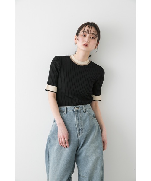 SENSE OF PLACE by URBAN RESEARCH（センスオブプレイスバイアーバンリサーチ）の「『WEB限定』バイカラーコンパクトセーター(5分袖)（ニット/セーター・レディース・アイボリー/ブラック/グレー/ライトピンク・ONE）」の7枚目の写真