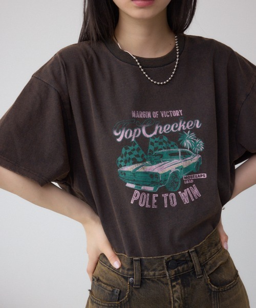 AZUL by moussy(アズールバイマウジー)の「USEDロックルーズTシャツ(Tシャツ/カットソー・レディース・イエロー系その他/ピンク系その他・FREE)」の1枚目の写真