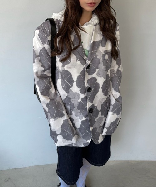 SANSeLF（サンセルフ）の「【SANSeLF】 カモフラージュテーラードジャケット 総柄 シングルブレスト sanw25a039（その他アウター・レディース・グレー・FREE）」の8枚目の写真