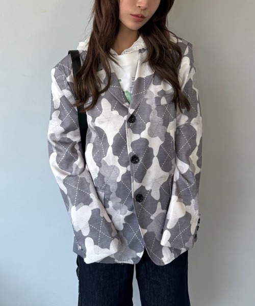 SANSeLF（サンセルフ）の「【SANSeLF】 カモフラージュテーラードジャケット 総柄 シングルブレスト sanw25a039（その他アウター・レディース・グレー・FREE）」の2枚目の写真