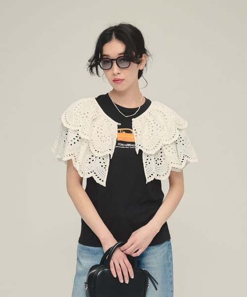 eL（エル）の「【eL】Embroidery 2way Bolero/319637（カーディガン/ボレロ・レディース・オフホワイト/ブラック・FREE）」の2枚目の写真