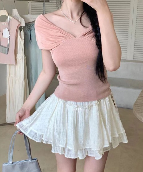 Jasmine Grandiflorum（ジャスミングランディフローラム）の「【Jasmine】タックドレープオフショルトップス (SS)（Tシャツ/カットソー・レディース・ミント/ピンク・FREE）」の8枚目の写真