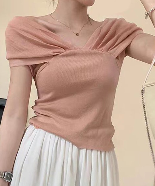 Jasmine Grandiflorum（ジャスミングランディフローラム）の「【Jasmine】タックドレープオフショルトップス (SS)（Tシャツ/カットソー・レディース・ミント/ピンク・FREE）」の10枚目の写真