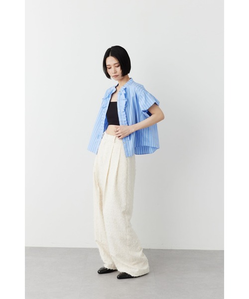 Limueリミュ フリル半袖ブラウス シャツ レディース 春夏 バンドカラー ノーカラー ホワイト 白 ショート 大人 新品 おしゃれ セール】フリル半袖ブラウス（シャツ/ブラウス）｜Limue（リミュ