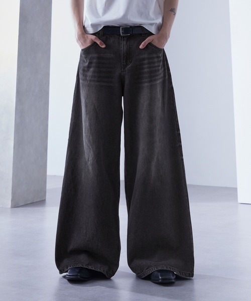 リメイク デニムパンツ ワイド 袴 アディダス 黒 W28 フェード ブリーチ リメイク デニムパンツ ワイド 袴 アディダス 黒 W28 フェード
