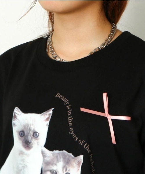 GORGE(ゴージ)の「《立体リボン×猫プリント》レディース 半袖Tシャツ クロップド丈 映えカジュアル 春夏秋(Tシャツ/カットソー・レディース・オフホワイト/ブラック/ブルー・F)」の8枚目の写真