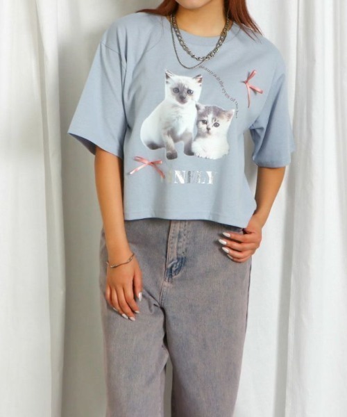 GORGE(ゴージ)の「《立体リボン×猫プリント》レディース 半袖Tシャツ クロップド丈 映えカジュアル 春夏秋(Tシャツ/カットソー・レディース・オフホワイト/ブラック/ブルー・F)」の6枚目の写真