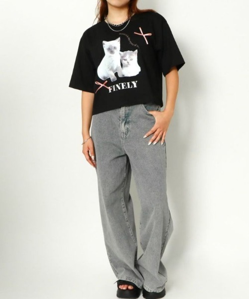 GORGE(ゴージ)の「《立体リボン×猫プリント》レディース 半袖Tシャツ クロップド丈 映えカジュアル 春夏秋(Tシャツ/カットソー・レディース・オフホワイト/ブラック/ブルー・F)」の7枚目の写真