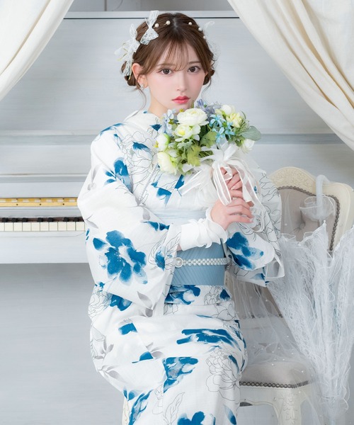 浴衣セット レディース 白地 線画 水彩フラワー ゆかた2点セット