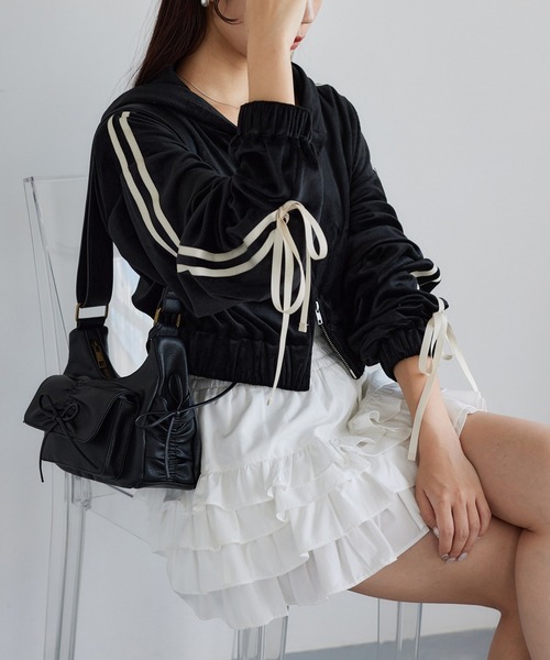 one after another NICE CLAUP（ワンアフターアナザーナイスクラップ）の「サイドラインリボンパーカー（パーカー・レディース・ブラック/モカ/ホワイト/グレー・FREE）」の11枚目の写真