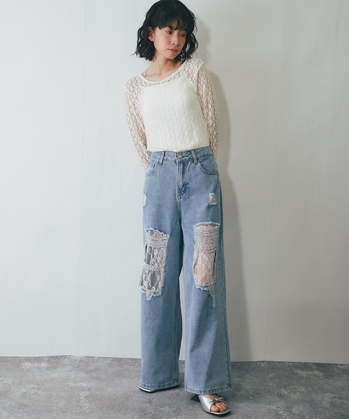 ANOTHER S（アナザーエス）の「レース付きダメージデニムパンツ（デニムパンツ・レディース・ブルー・S/M/L）」の2枚目の写真