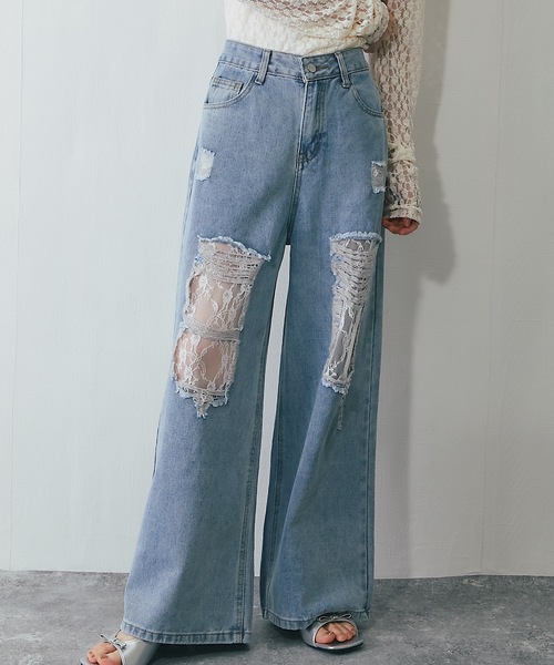 ANOTHER S（アナザーエス）の「レース付きダメージデニムパンツ（デニムパンツ・レディース・ブルー・S/M/L）」の3枚目の写真