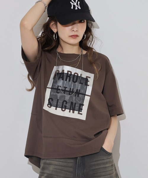 EGLANTINE(エグランティーヌ)の「EGLANTINE 箔プリントオーガンジーカットソー(Tシャツ/カットソー・レディース・ダークブラウン/サンドベージュ/ブラック・38)」の3枚目の写真