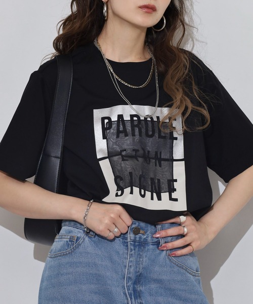 EGLANTINE(エグランティーヌ)の「EGLANTINE 箔プリントオーガンジーカットソー(Tシャツ/カットソー・レディース・ダークブラウン/サンドベージュ/ブラック・38)」の4枚目の写真