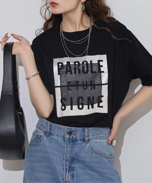 EGLANTINE(エグランティーヌ)の「EGLANTINE 箔プリントオーガンジーカットソー(Tシャツ/カットソー・レディース・ダークブラウン/サンドベージュ/ブラック・38)」の6枚目の写真