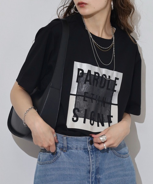 EGLANTINE(エグランティーヌ)の「EGLANTINE 箔プリントオーガンジーカットソー(Tシャツ/カットソー・レディース・ダークブラウン/サンドベージュ/ブラック・38)」の5枚目の写真