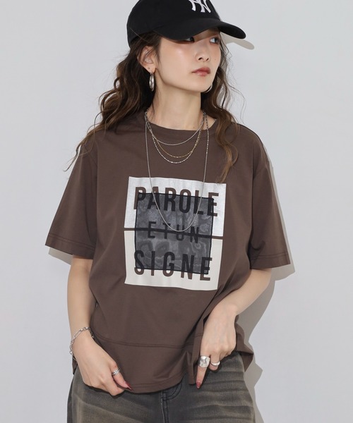 EGLANTINE(エグランティーヌ)の「EGLANTINE 箔プリントオーガンジーカットソー(Tシャツ/カットソー・レディース・ダークブラウン/サンドベージュ/ブラック・38)」の12枚目の写真