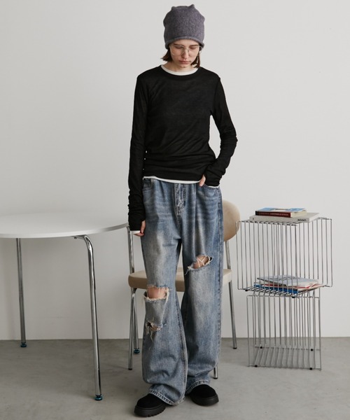 Auntie Rosa Holiday（アンティローザホリデー）の「シアーリブサムホールプルオーバー（Tシャツ/カットソー・レディース・ブラウン/ピンク/グレー/アイボリー/ブラック・FREE）」の7枚目の写真