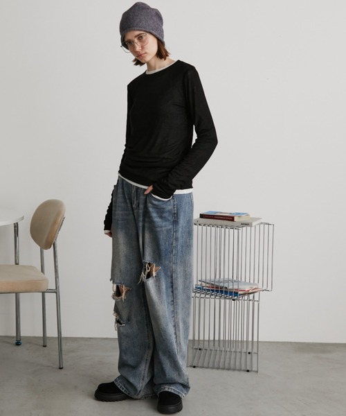 Auntie Rosa Holiday（アンティローザホリデー）の「シアーリブサムホールプルオーバー（Tシャツ/カットソー・レディース・ブラウン/ピンク/グレー/アイボリー/ブラック・FREE）」の8枚目の写真