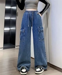 ゴムウエスト デニムワイド カーゴパンツ