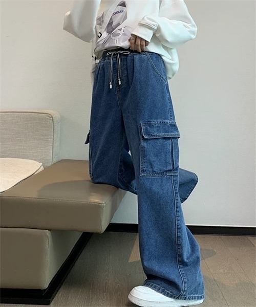 FREE STYLISTS(フリー スタイリスト)の「ゴムウエスト デニムワイド カーゴパンツ(デニムパンツ・レディース・ブルー/ブラック・M/L/XL/2XL/3XL/S)」の18枚目の写真