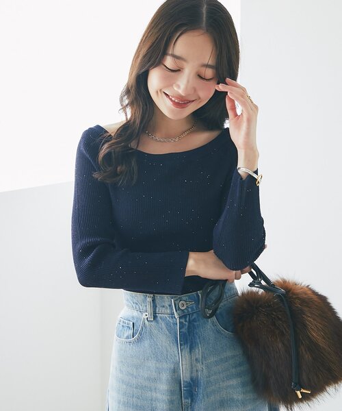 【La boutique Bonbon】スパンコールリブオフショルニット La boutique BonBon｜【着回し抜群・美人見え】スパンコールリブ