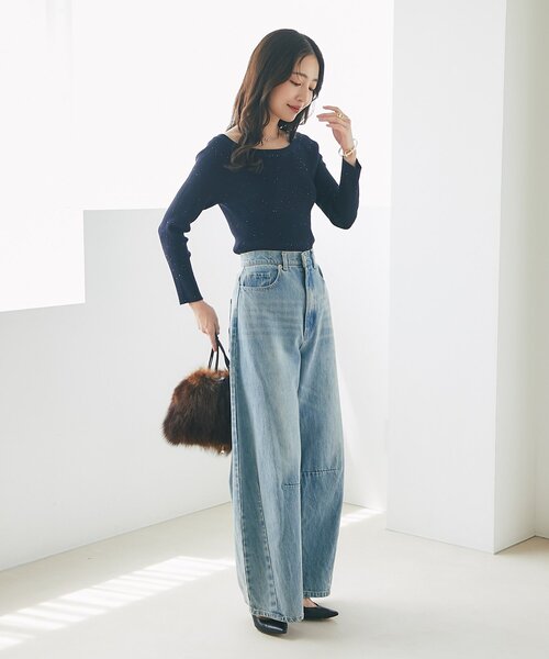 La boutique BonBon（ラブティックボンボン）の「【着回し抜群・美人見え】スパンコールリブオフショル8分袖ニット（ニット/セーター・レディース・ネイビー/オフホワイト/ピンク・FREE）」の16枚目の写真