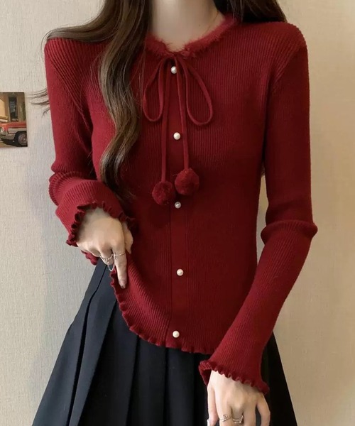 Lace Ladies（レースレディース）の「リボン パールボタン メロウ リブ ニット トップス（ニット/セーター・レディース・アイボリー/ブラック/レッド・FREE）」の3枚目の写真