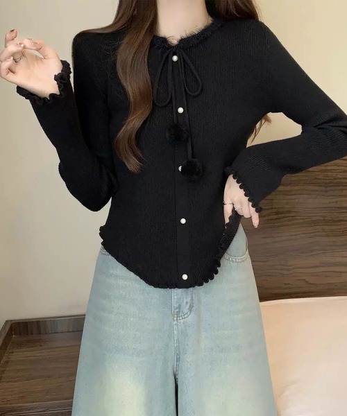 Lace Ladies（レースレディース）の「リボン パールボタン メロウ リブ ニット トップス（ニット/セーター・レディース・アイボリー/ブラック/レッド・FREE）」の4枚目の写真