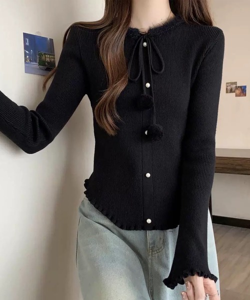 Lace Ladies（レースレディース）の「リボン パールボタン メロウ リブ ニット トップス（ニット/セーター・レディース・アイボリー/ブラック/レッド・FREE）」の5枚目の写真
