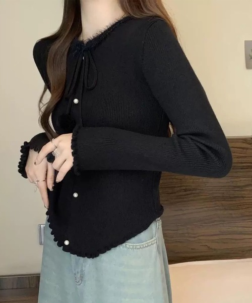 Lace Ladies（レースレディース）の「リボン パールボタン メロウ リブ ニット トップス（ニット/セーター・レディース・アイボリー/ブラック/レッド・FREE）」の6枚目の写真