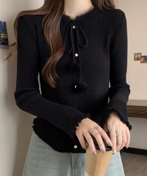 Lace Ladies（レースレディース）の「リボン パールボタン メロウ リブ ニット トップス（ニット/セーター・レディース・アイボリー/ブラック/レッド・FREE）」の7枚目の写真