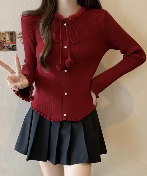 Lace Ladies（レースレディース）の「リボン パールボタン メロウ リブ ニット トップス（ニット/セーター・レディース・アイボリー/ブラック/レッド・FREE）」の9枚目の写真