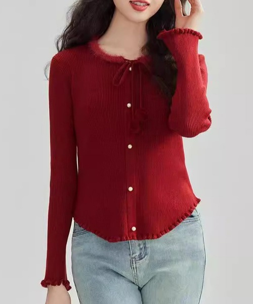 Lace Ladies（レースレディース）の「リボン パールボタン メロウ リブ ニット トップス（ニット/セーター・レディース・アイボリー/ブラック/レッド・FREE）」の10枚目の写真
